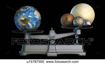 Stock Image - Jupiter compared with planets on scales. Fotosearch