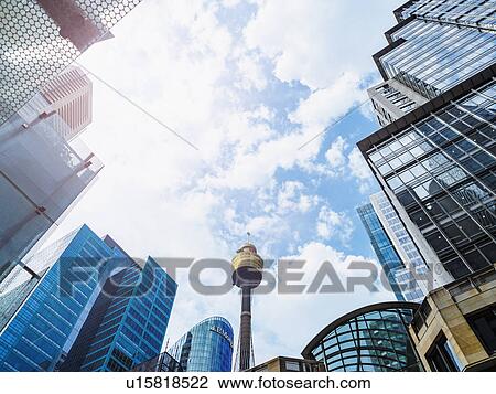 Stock Image - Low-angle view of communications tower. Fotosearch