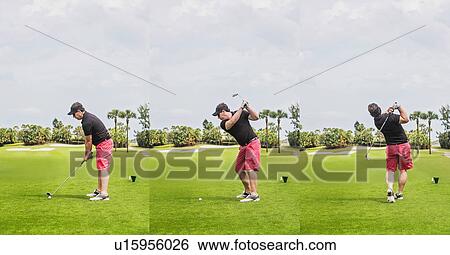 Stock Photograph - Man hitting ball with golf club. Fotosearch