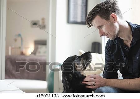 Stock Image - Man playing with dog in living room. Fotosearch