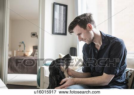 Man playing with dog in living room View Large Photo Image Stock Photo - Man playing with dog in living room. Fotosearch