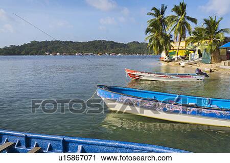 Stock Image - Old boats moored by beach with growing palm trees. Fotosearch