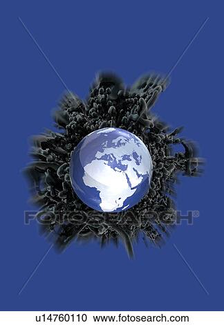 Stock Image - Planet earth with black clouds. Fotosearch
