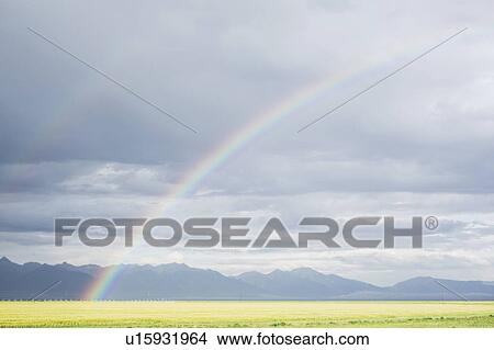 Picture - Rainbow over agricultural field. Fotosearch