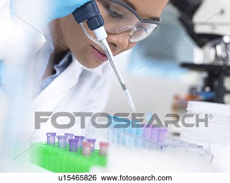 Stock Photograph - Researcher pipetting liquid. Fotosearch