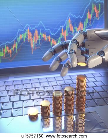 Stock Image - Robotic hand and coins, illustration. Fotosearch