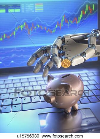 Stock Image - Robotic hand and piggy bank, illustration. Fotosearch