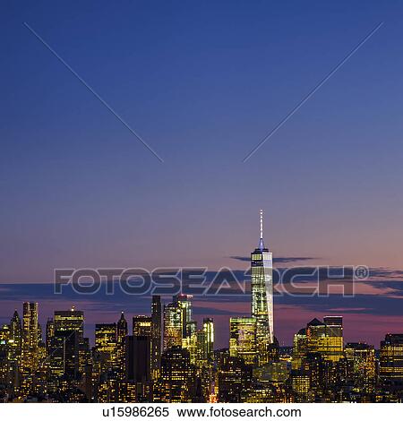 Skyline of New York at dusk with view of One World Trade Center View Large Photo Image Stock Photography - Skyline of New York at dusk with view of One World Trade Center. Fotosearch
