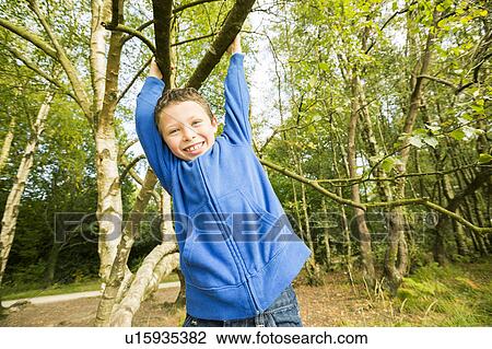 Stock Image - Smiling boy (6-7) hanging on tree. Fotosearch