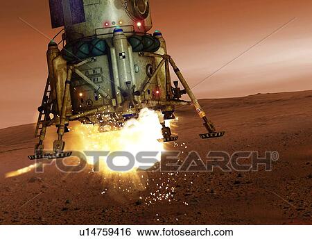 Stock Photograph - Space craft landing on planet. Fotosearch