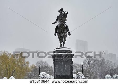 Picture - Statue of George Washington on horse in winter. Fotosearch
