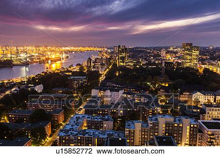 Stock Image - Sunset in Hamburg - aerial view Hamburg, Germany. Fotosearch