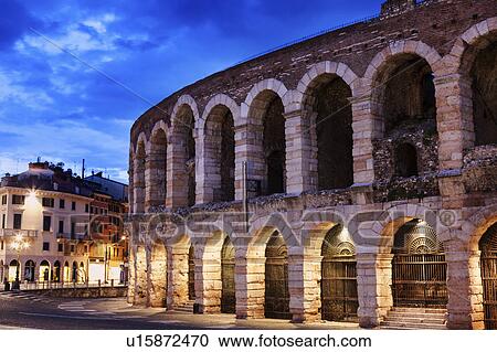 Stock Image - The Verona Arena on Piazza Bra in Verona Verona, Veneto, Italy. Fotosearch