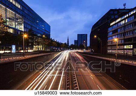 Stock Image - Traffic in Hamburg at night Hamburg, Germany. Fotosearch