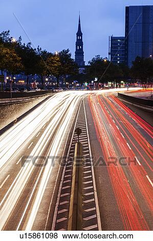 Stock Photo - Traffic in Hamburg at night Hamburg, Germany. Fotosearch