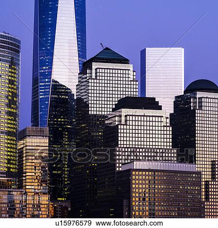 Urban skyline and One World Trade Centre at dusk View Large Photo Image Stock Photo - Urban skyline and One World Trade Centre at dusk. Fotosearch