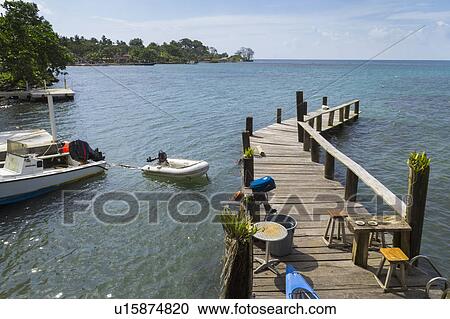 Stock Image - Wooden jetty with motor boat nearby on sea. Fotosearch