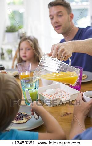 Father pouring orange juice at breakfast View Large Photo Image Stock Image - Father pouring orange juice at breakfast. Fotosearch