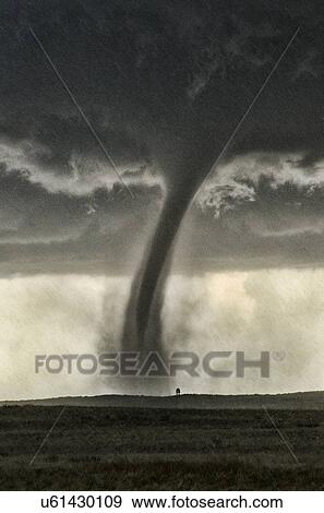 Stock Photo - A back-lit tornado spinning up dust in rain and hail, with windmill in distance, Wray, Colorado. Fotosearch