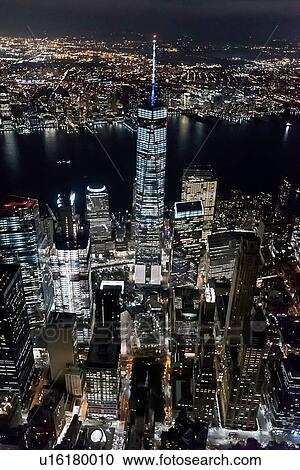 Stock Image - Aerial view from helicopter of Freedom Tower, Manhattan, New York, USA. Fotosearch