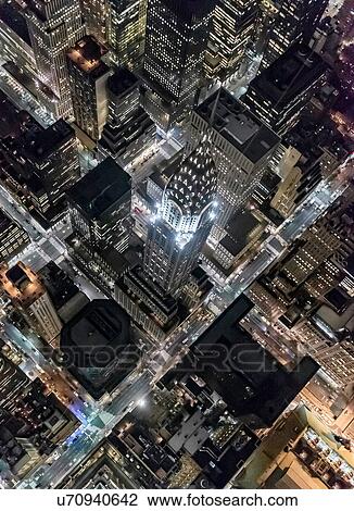 Stock Image - Aerial view from helicopter of Midtown, Chrysler Building, New York, USA. Fotosearch