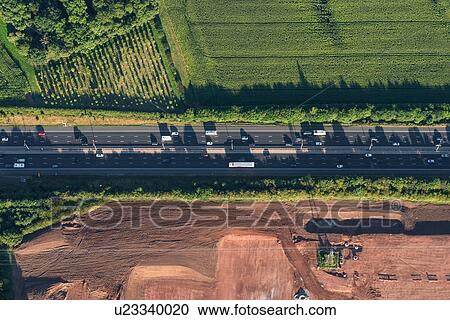 Stock Image - Aerial view of M5 Worcester motorway, Worcester, England, UK. Fotosearch