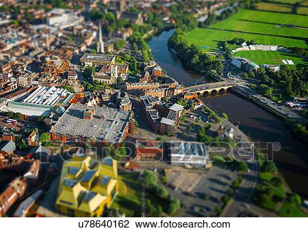 Stock Image - Aerial view River Severn, Worcester, England, UK. Fotosearch