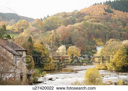 Stock Image - Autumn view of River Dee, Llangollen, North Wales. Fotosearch