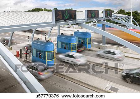 Cars travelling through toll booth at bridge, high angle view View Large Photo Image Stock Photograph - Cars travelling through toll booth at bridge, high angle view. Fotosearch