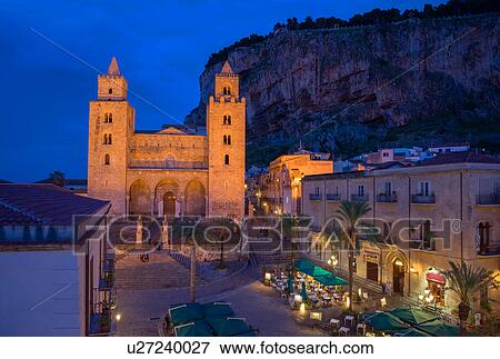 Cathedral San Salvatore and La rocca at night, Piazza Duomo, Cefalu, Sicily, Italy View Large Photo Image Stock Photo - Cathedral San Salvatore and La rocca at night, Piazza Duomo, Cefalu, Sicily, Italy. Fotosearch