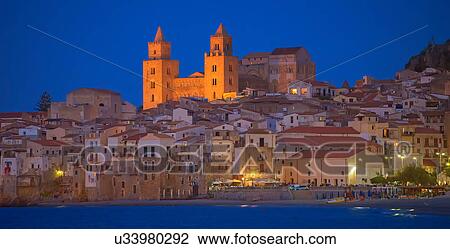 Cathedral San Salvatore and waterfront at night, Piazza Duomo, Cefalu, Sicily, Italy View Large Photo Image Stock Image - Cathedral San Salvatore and waterfront at night, Piazza Duomo, Cefalu, Sicily, Italy. Fotosearch