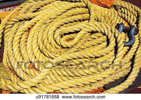 Stock Photo - Coil of yellow rope with hook. Fotosearch