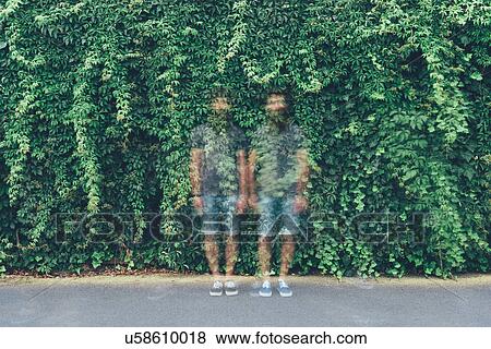 Stock Photo - Double exposure portrait of transparent identical adult male twins and green foliage. Fotosearch