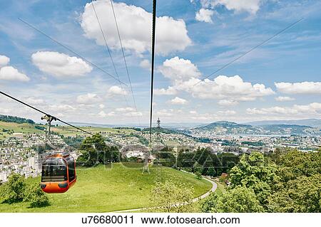 Stock Image - Elevated view of cable car and landscape, Mount Pilatus, Switzerland. Fotosearch