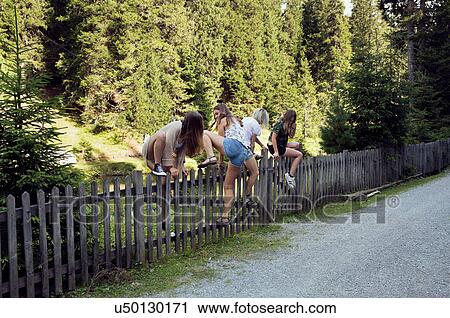 Stock Image - Girl and adult female friends climbing fence in forest. Fotosearch