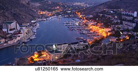 Stock Photography - High angle cityscape of Balaklava Bay, Sevastopol City at dawn, Crimea, Ukraine. Fotosearch