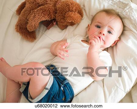 High angle view of baby girl lying down with teddy bear View Large Photo Image Stock Image - High angle view of baby girl lying down with teddy bear. Fotosearch