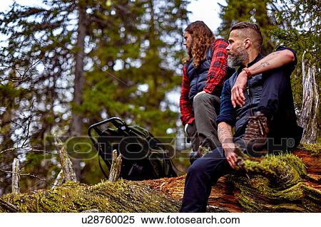 Stock Photography - Hikers resting on fallen tree, Sarkitunturi, Lapland, Finland. Fotosearch