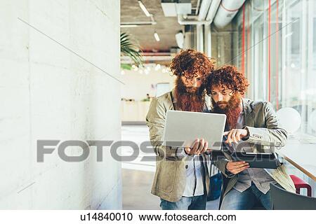 Male adult hipster twins pointing at laptop in office View Large Photo Image Stock Image - Male adult hipster twins pointing at laptop in office. Fotosearch