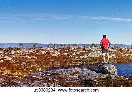 Picture - Man looking out to lake on rock, Sarkitunturi, Lapland, Finland. Fotosearch