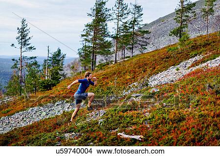 Man running up steep hill, Kesankitunturi, Lapland, Finland View Large Photo Image Picture - Man running up steep hill, Kesankitunturi, Lapland, Finland. Fotosearch