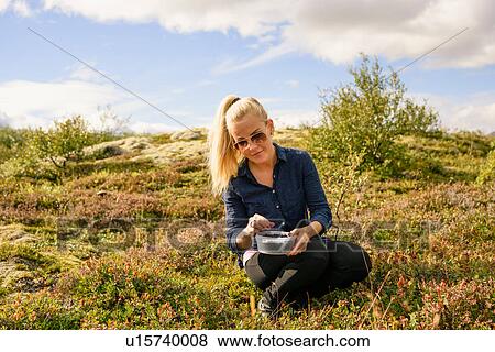 Mid adult woman sitting outdoors, picking blueberries View Large Photo Image Stock Photo - Mid adult woman sitting outdoors, picking blueberries. Fotosearch