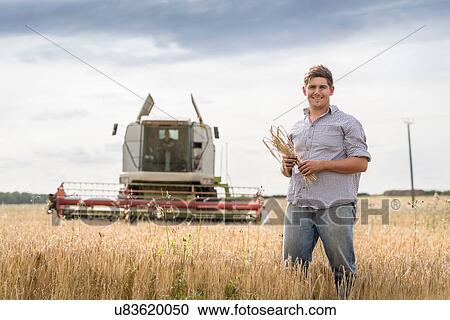 Stock Image - Portrait of farmer holding sheaf of organic barley in field. Fotosearch