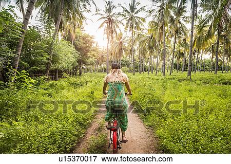 Rear view of young woman cycling in palm tree forest, Gili Meno, Lombok, Indonesia View Large Photo Image Stock Photo - Rear view of young woman cycling in palm tree forest, Gili Meno, Lombok, Indonesia. Fotosearch