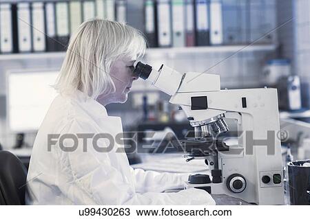 Stock Image - Scientist using microscope in laboratory. Fotosearch