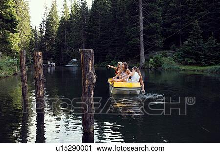 Stock Image - Three adult female friends pointing from rowing boat on lake, Sattelbergalm, Tirol, Austria. Fotosearch