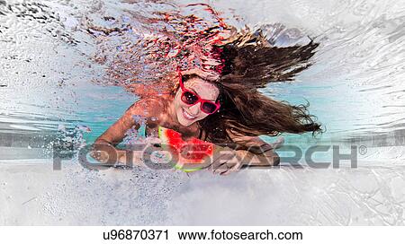 Underwater view of woman wearing sunglasses, eating slice of water melon, smiling View Large Photo Image Stock Image - Underwater view of woman wearing sunglasses, eating slice of water melon, smiling. Fotosearch
