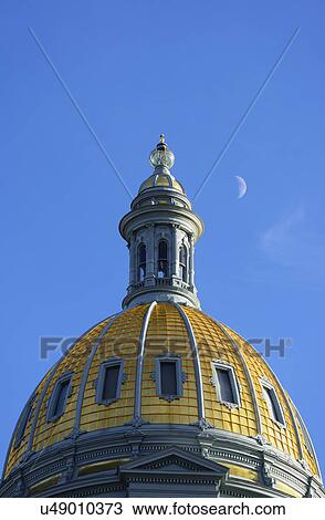 USA, Colorado, Denver, Half moon over dome of Capitol State building View Large Photo Image Stock Image - USA, Colorado, Denver, Half moon over dome of Capitol State building. Fotosearch