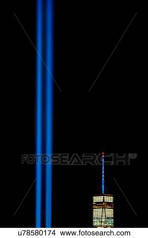 Picture - USA, New York State, New York City, Light beam over ground zero. Fotosearch
