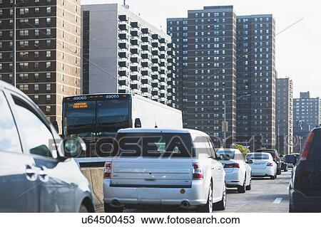 Stock Image - USA, New York State, New York City, Cars in traffic jam. Fotosearch
